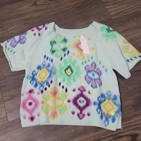 Anthropologie Multicolor Patterned Crop Sweater Top Size S Crew - Picture 1 of 3